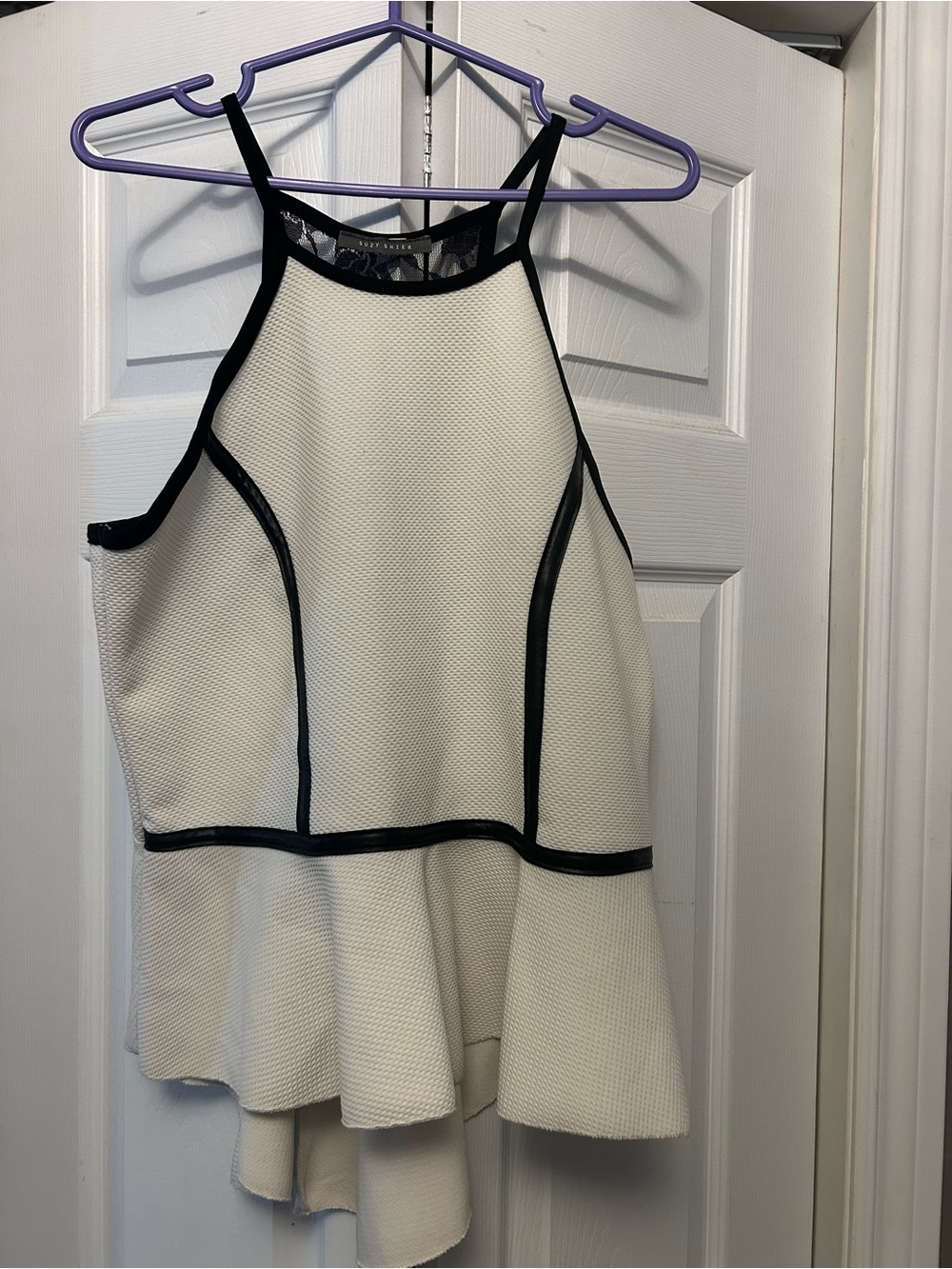 Suzy Shier White Peplum Halter Camisole with Black Trim